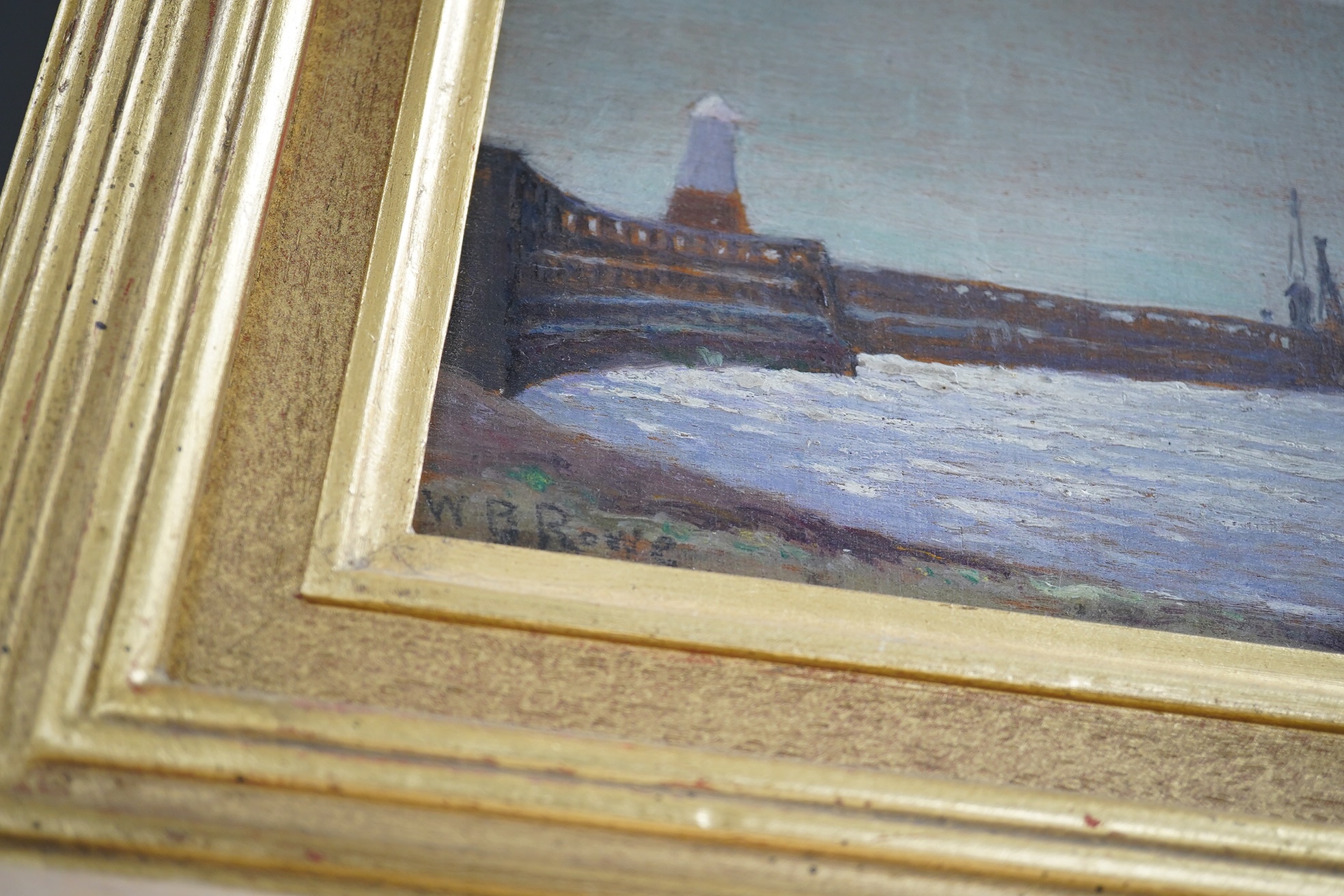 W.B.Rowe (Brighton, 20th. C), oil on board, Shoreham harbour entrance, signed, circa 1920, 24 x 34cm, gilt framed. Condition - good